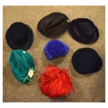 Good selection of vintage costume to include; bowler hat, ladies hats, purses, white linen garments,