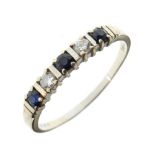 White metal, sapphire and diamond five stone ring set three sapphires and two diamonds, shank