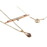 Two 9ct gold pendants, each with fine chain, together with a yellow metal bar brooch stamped 9ct,