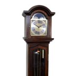 Modern reproduction oak cased grandmother clock, the silvered chapter ring having Roman numerals,