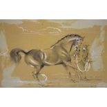 20th Century chalk and charcoal study of a thoroughbred horse led by a bearded gentleman,