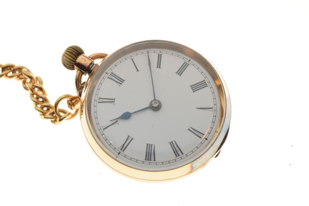Yellow metal open face pocket watch, white Roman dial, top-wound movement, case stamped 18k 5820, - Image 2 of 8