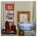 Collection of Oriental and Eastern items to include Chinese blue and white bowl, Oriental figures,