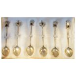 Cased set of six white metal spoons with compliments card from J.R. Jayewardene former President