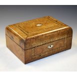 Burr walnut work box with parquetry borders and mother-of-pearl inlay, 30cm wide Condition: