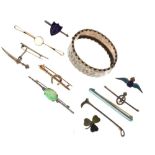 Assorted brooches to include RAF enamel, carved jade, moonstone, riding crop, miniature dagger