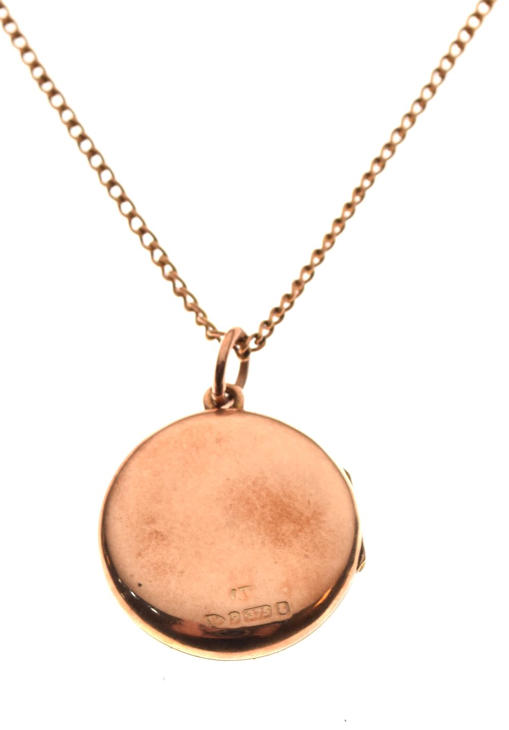 9ct gold locket of circular design, together with a yellow metal curb link fine chain stamped 9ct,