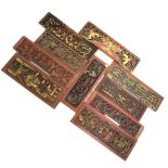 Collection of Chinese carved and gilded wooden panels, 14cm x 48cm and smaller Condition: Dulling to