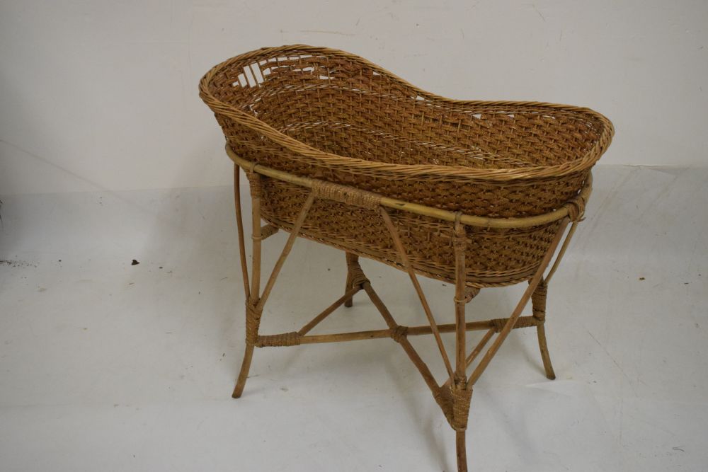 Bamboo and wicker cradle or bassinet, 88cm long x 78cm high Condition: Woodworm to the frame and - Image 5 of 5