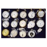 Group of fourteen assorted base metal open face pocket watches to include; Timex, Elgin,