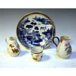 Chinese blue and white dish with gilt decoration, together with two sparrow beak jugs and a tea