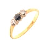 Yellow metal, platinum, diamond and sapphire three stone ring, shank stamped 18ct & Plat, size O,