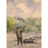 Anthony Pace - Watercolour - Angler fishing in shallow waters, signed lower left, 35cm x 24.5cm,