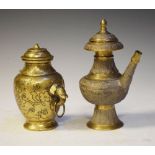 Eastern cast brass hookah, together with a cast brass covered vase with twin elephant handles,