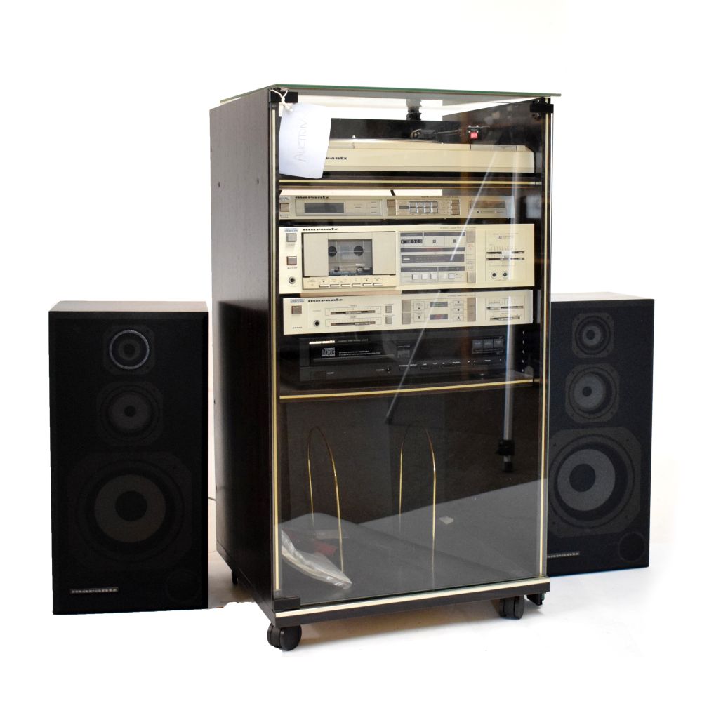 Marantz TT130 record player, cassette player, amplifier and CD player in Marantz cabinet, together