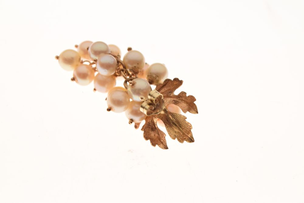 Pair of unmarked yellow metal and cultured pearl ear studs of leaf design, the pearl drops formed as - Image 5 of 5