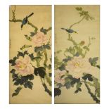Pair of Oriental prints of birds amongst blossom, 70cm x 29cm, framed and glazed Condition: Some