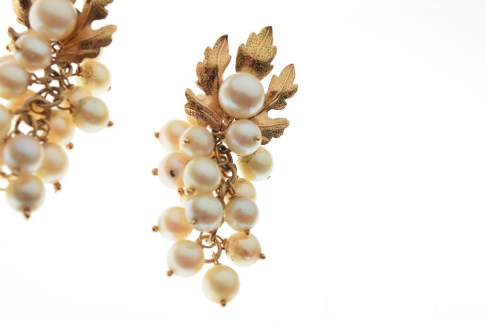 Pair of unmarked yellow metal and cultured pearl ear studs of leaf design, the pearl drops formed as - Image 3 of 5