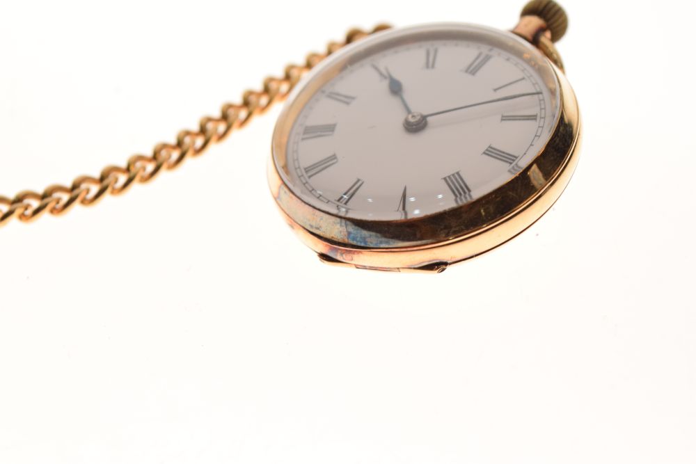 Yellow metal open face pocket watch, white Roman dial, top-wound movement, case stamped 18k 5820, - Image 3 of 8