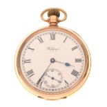 Waltham - 9ct gold open face pocket watch, white Roman dial with subsidiary at VI, top-wound