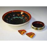 1970's Delphis Poole pottery bowl, 34.5cm diameter, together with two small trinket dishes and an