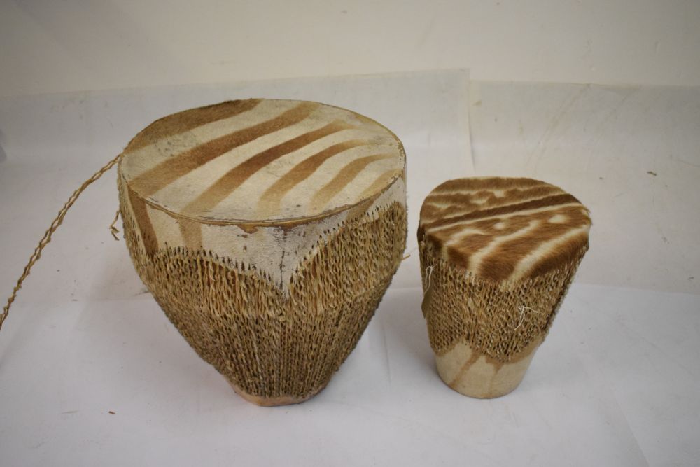 Two African zebra skin drums, the larger 45cm diameter Condition: **Due to current lockdown - Image 4 of 5