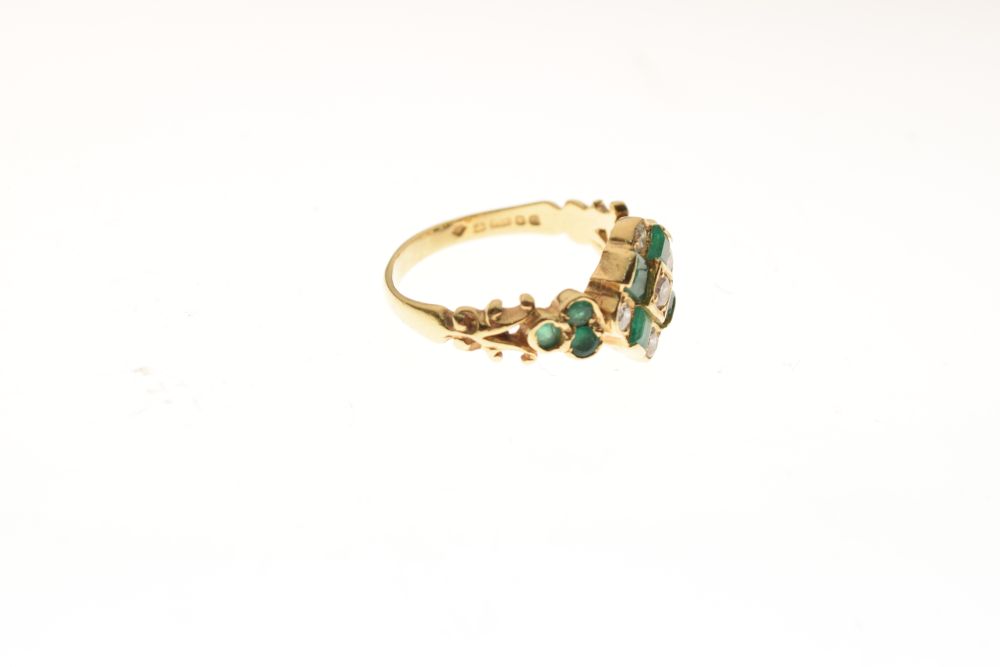 18ct gold, diamond and emerald dress ring, the square head set with five Swiss cut diamonds and four - Image 4 of 5