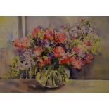 Molly Woollett - Watercolour - Rosebud Bunch, signed lower right, 26cm x 36.5cm, framed and glazed