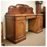 Victorian mahogany twin pedestal sideboard with shaped and moulded back panel, 185cm wide x 59cm