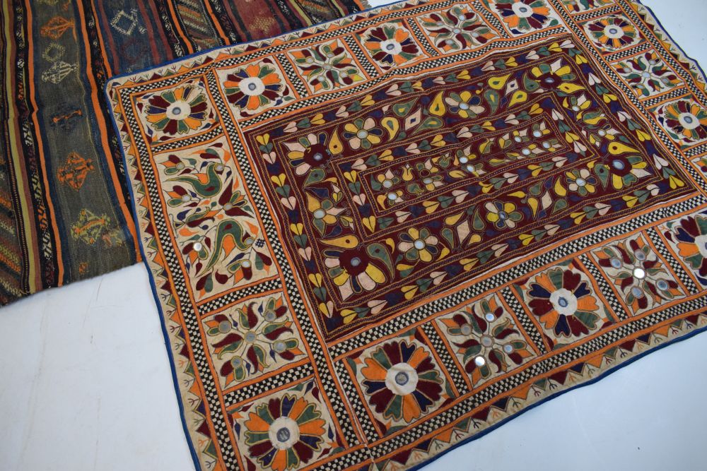 Middle Eastern kelim or flat woven rug with bands of geometric decoration, 91cm x 114cm, together - Image 3 of 6
