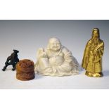 Collection of three Eastern figures, and a hardstone lidded bowl Condition: Some losses to the stone
