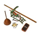 Vintage foot pump, copper funnel, yard stick, lamp and AA badge Condition: Refer to department. **