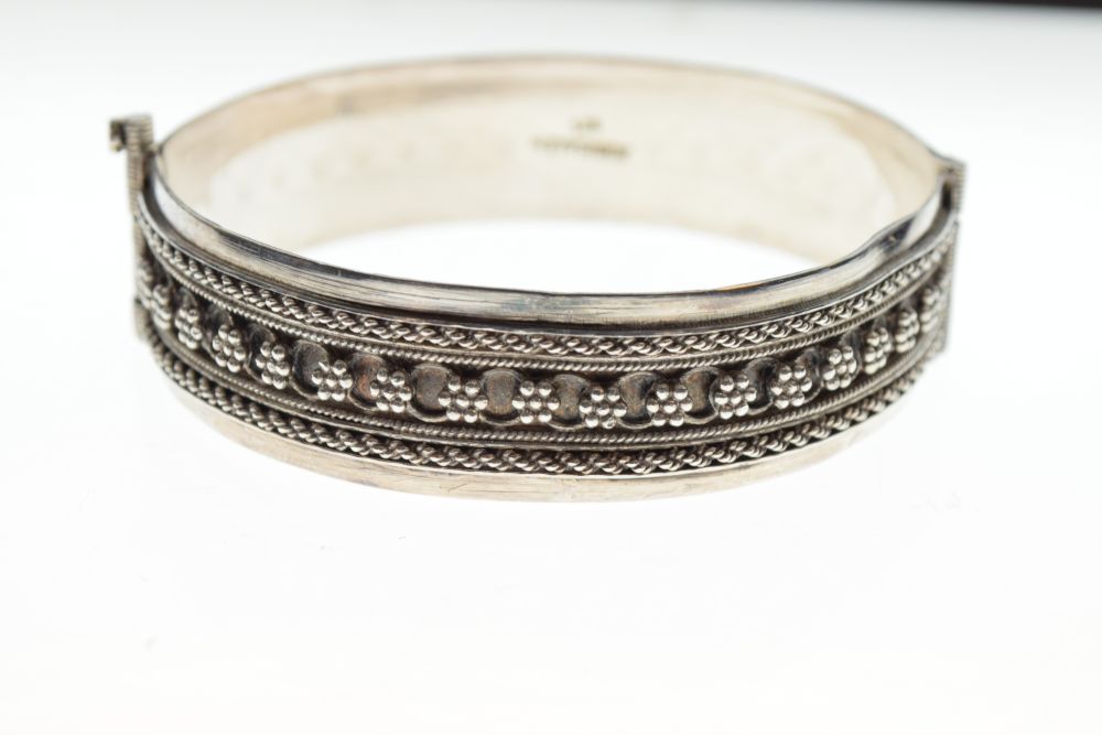 Judaica - Israeli white metal snap bangle stamped Jerusalem 925, the exterior with berry cluster and - Image 2 of 6
