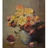 Rosemary Burns Wilson - Oil on board - Still-life with roses, signed lower left, 41cm x 37cm, framed