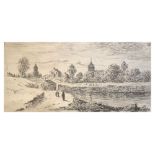 David Charles Reed (1790-1851) - Etching - Figures on a track beside a lake with church in the