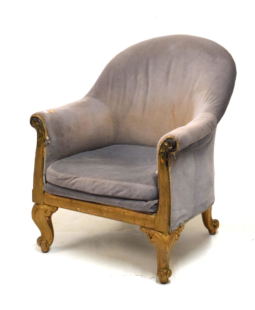 Early Victorian gilt wood and upholstered armchair Condition: Would benefit from re-upholstery. **