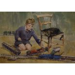 Anthony Pace - Watercolour - The Train Set, a young schoolboy at play watched by his cat, signed