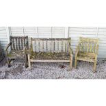 Three piece teak garden set comprising; 122cm wide bench and two 59cm wide garden chairs (3)