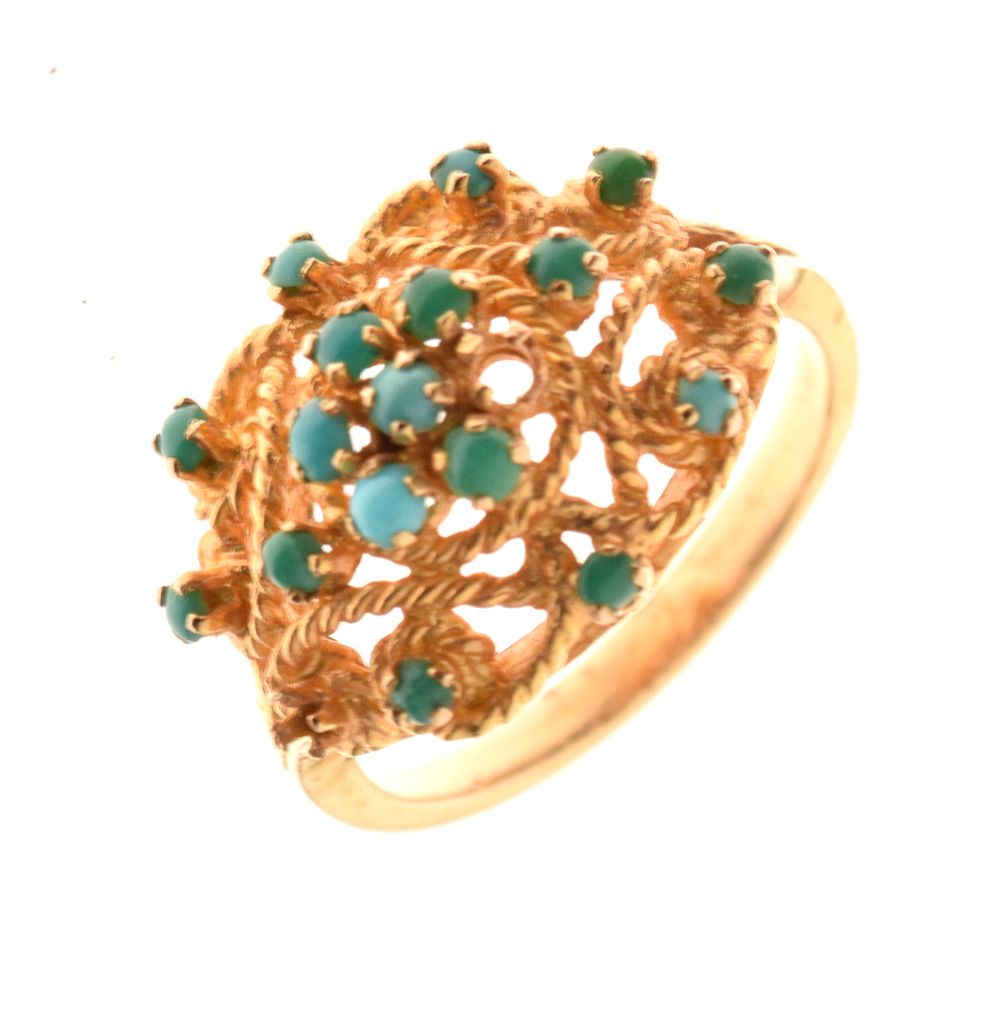 Unmarked Eastern-style yellow metal, turquoise and filigree dress ring, size P, 6g gross approx