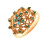 Unmarked Eastern-style yellow metal, turquoise and filigree dress ring, size P, 6g gross approx