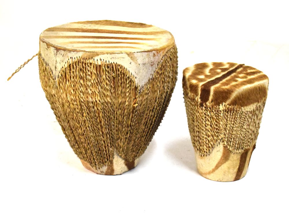 Two African zebra skin drums, the larger 45cm diameter Condition: **Due to current lockdown