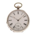 Silver-cased open-face pocket watch, white Roman dial with subsidiary at VI, American back-wound