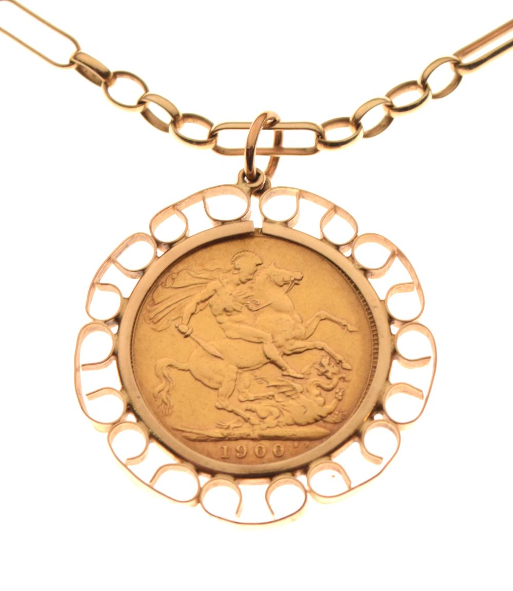 Gold Coin - Late Victorian sovereign, 1900, in yellow metal scroll frame suspended from a belcher