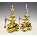 Pair of 17th Century style cast brass andirons circa 1900, 40cm high Condition: One finial