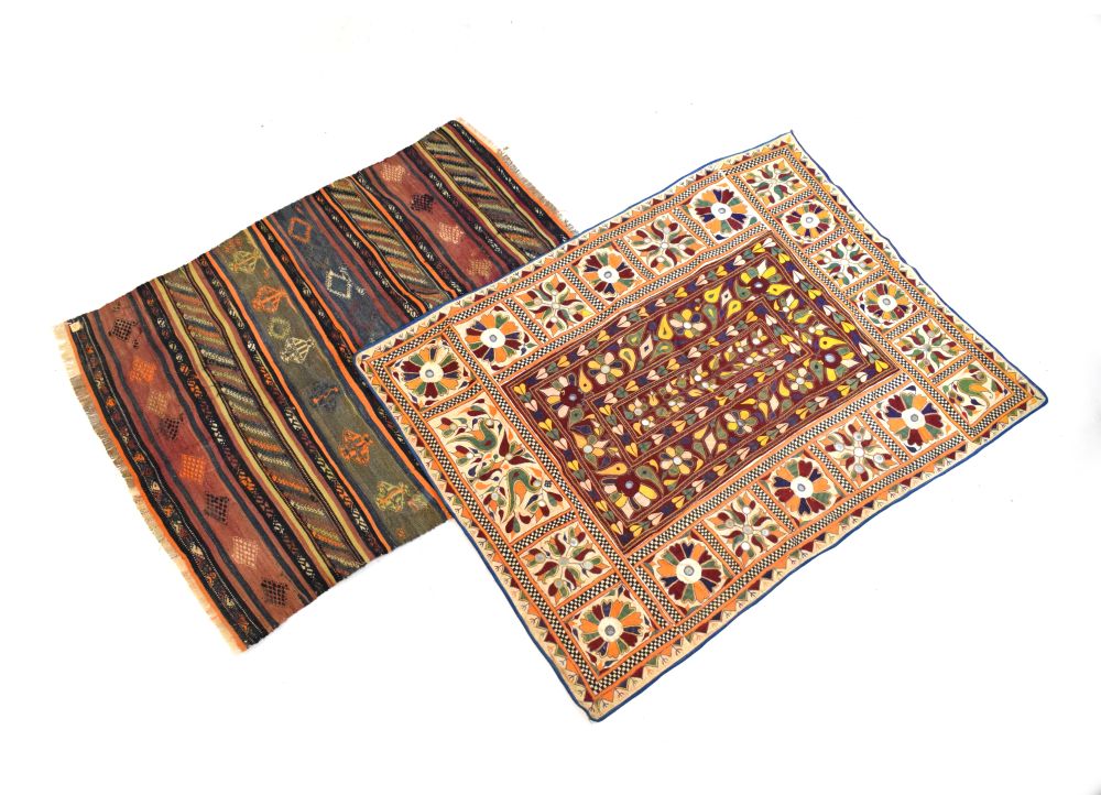 Middle Eastern kelim or flat woven rug with bands of geometric decoration, 91cm x 114cm, together