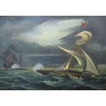 19th Century English School - Oil on canvas - Primitive schooner off shore in a stormy sea, 50cm x