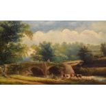 British, 19th Century - Oil on canvas - Rural landscape with bridge, 31cm x 51cm, framed