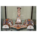 Pair of Japanese Imari wall vases, a tapered flared vase, and fan shaped dish, 20th Century, 35cm