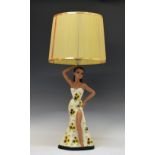 Mid 20th Century plaster figural table lamp formed as a female in a white floral dress, vintage