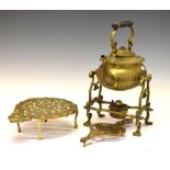 Brass spirit kettle on stand, brass footman and 'Beetle' trivet (3) Condition: Spirit kettle lacks